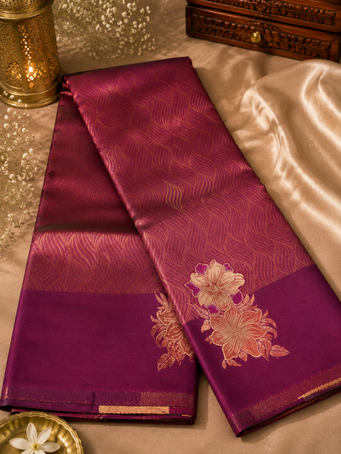 Premium South Silk Saree With Rich Zari Weaving And Contrast Woven Pallu. Featuring Elegant Dual-Tone Shades.Model-Worn Blouse Is For Reference Only. Unstitched Blouse Piece Is Attached With Saree(Slight Variation In Color & Design Is Possible)