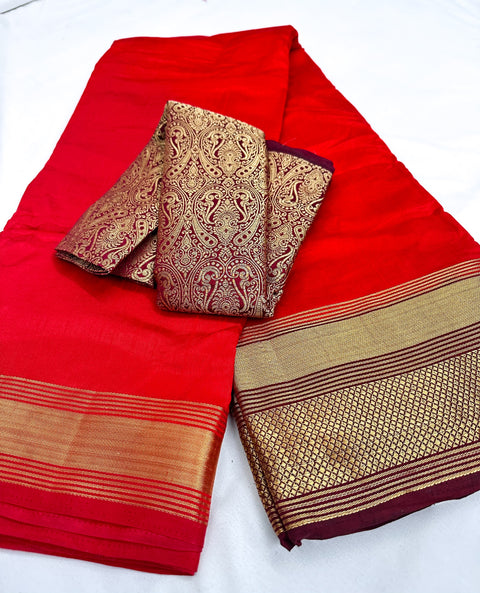 Soft Silk based Broad zari border Saree with Contrast Brocade silk based Blouse