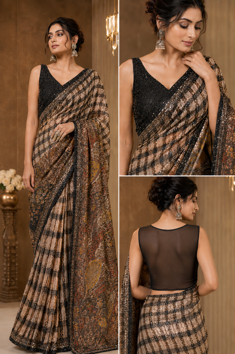 Heavy all-over sequin saree paired with a beautifully handcrafted designer blouse, offering a premium festive look with a graceful drape and elegant fall (slight variation in color and design is possible)blouse size 38-40