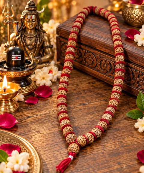 5 Mukhi Rudraksha Jaap Mala Beautiful traditional Rudraksha Jaap Mala with detailed beads, elegant red thread and a yellow tassel, for daily pooja, mantra chanting, meditation and spiritualpractices.Slight variation in bead size,colour,texture may occur