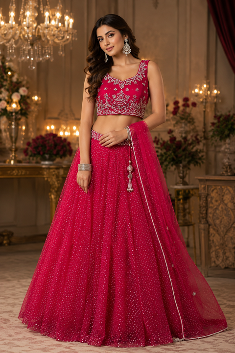 Netting based stones with mirror work designer blouse with shimmery netting heavy flared lehnga and netting based sequined work dupatta(slight variation in color and design is possible)