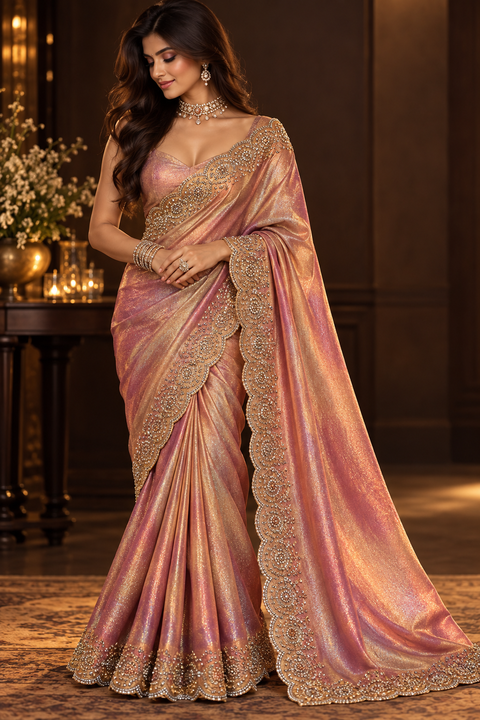 Two-Tone Tissue Silk Saree with a beautiful gold sheen and elegant handcrafted border detailing. Comes with an attached blouse piece; blouse worn by the model is for reference only. Slight variation in colour and design is possible.