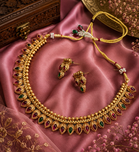 Mat look antique gold traditional necklace set with pearls and kundan work