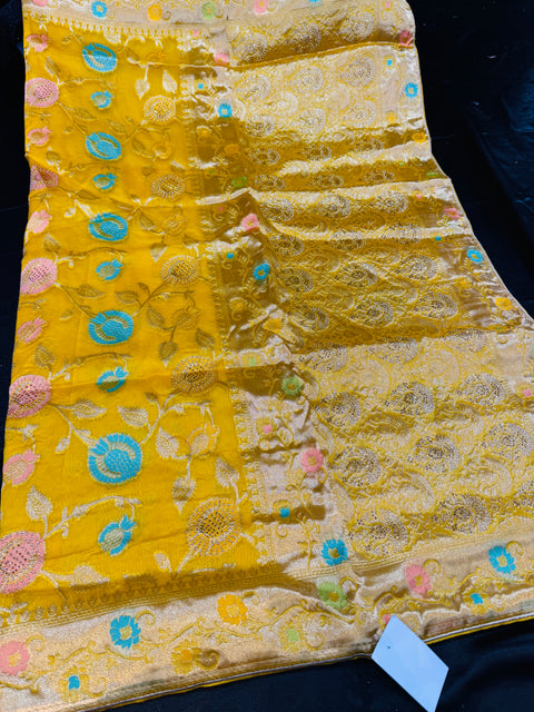 Organza silk very soft brocade saree with stone work and tessels attach on Pallu