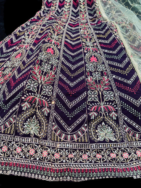 Georgette base embroidery work with sequins and stones work all over at front and back )designer gown/kameez and netting embroidery dupatta