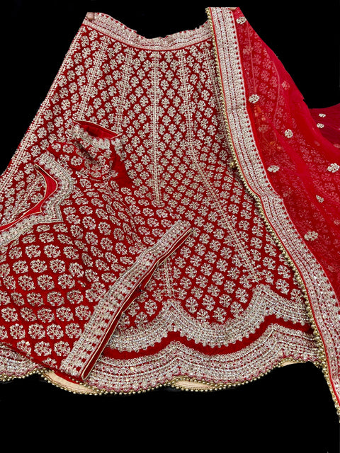 (Video attached) Dark Red colour velvet based lehnga with heavy handwork with stones & embroidery work fully heavy flared beautiful designer Readymade Bridal lehnga with very heavy embroidered netting dupatta with kamarbelt SIZE 42(UPTO 44)