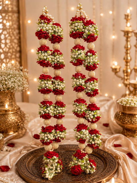Beautifully Red Roses with crafted Mogra flowers and pearls Varmala / Jailmala , featuring elegant floral detailing and rich traditional accents. A perfect choice to add a vibrant and graceful touch to your special wedding ceremony.(comes in one pair)