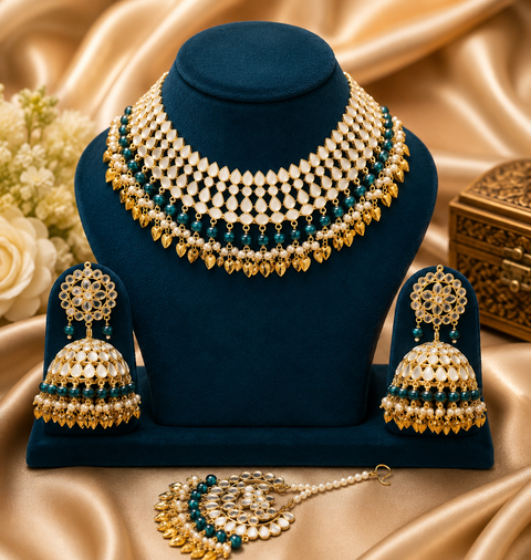 Pearls with original mirror work necklace set with Jhumka & tikka