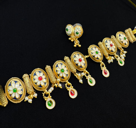 Mat look antique gold traditional choker set with meenakari work