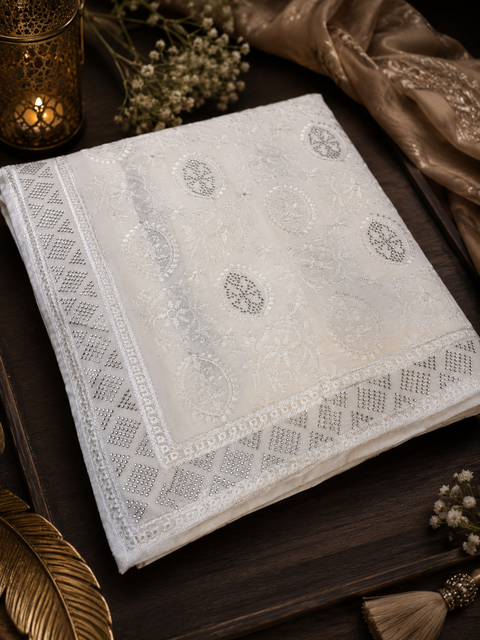 Beautiful Shimmery Georgette Saree featuring elegant embroidery and stone work throughout. Comes with an unstitched matching blouse piece. Model blouse is for reference purpose only. Slight colour and design variations may occur.