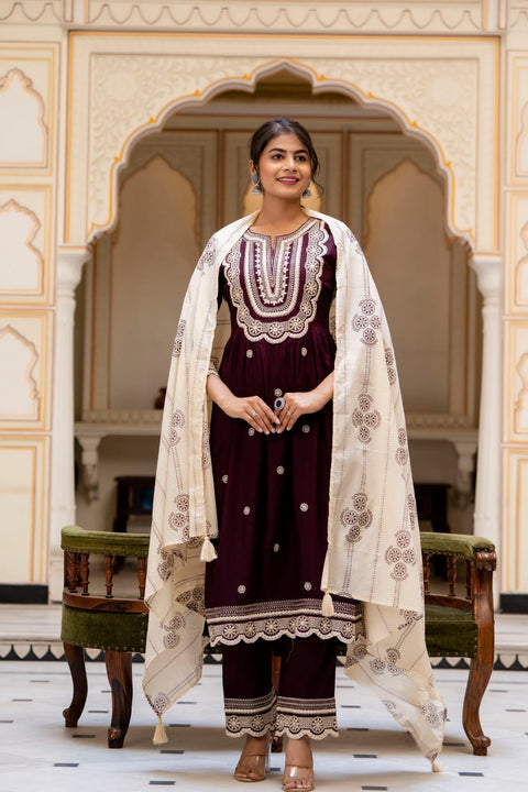 Pure Rayon based embroidery work with mirror work design Beautiful designer Kurti with embroidery work plazo pants & Printed Dupatta