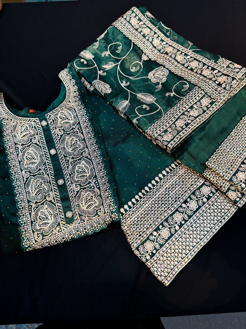 Soft Shiny Georgette based embroidery with sequined work designer kameez with plazo pants and dupatta with heavy embroidery work