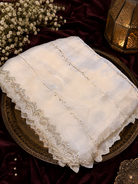 Elegant Jimmy Choo Saree featuring intricate handwork detailing and a beautifully embellished border. Comes with an attached matching blouse piece, blouse worn by the model is for reference purposes only(slight variation in color and design is possible)