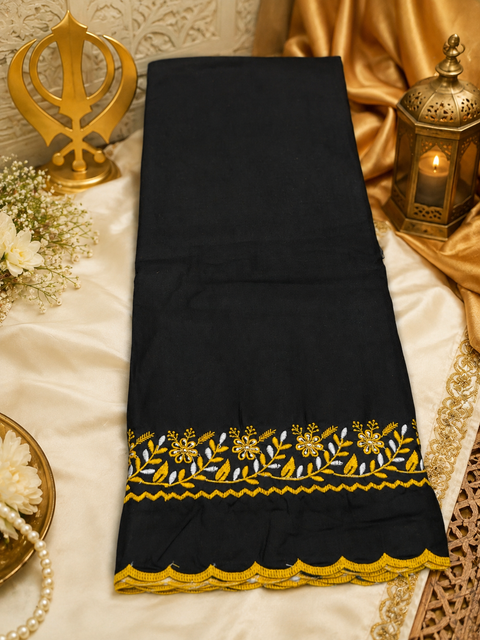 Elegant Hazoori Saropa crafted in rich black fabric, adorned with traditional white and yellow embroidery and a delicate scalloped border.Size (around 216cms lenth / 84 cms wide)