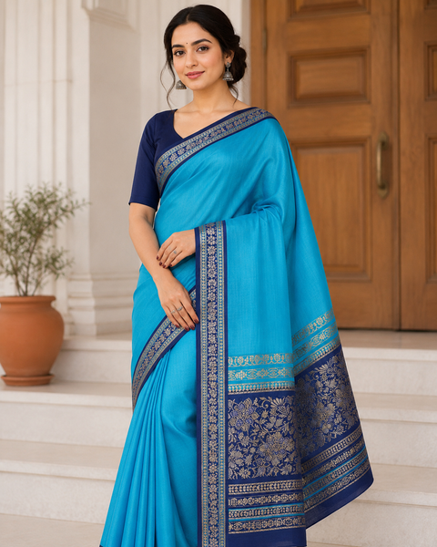 Plain Silk Saree With Contrast Zari Border And Contrast Plain Blouse, Model-Worn Blouse Is For Reference Only. Unstitched Blouse Piece Is Attached With Saree(Slight Variation In Color & Design Is Possible)