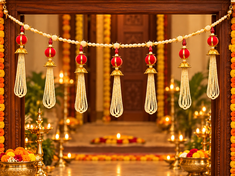 Festive Diwali Door Toran – Beautifully designed with colourful pom-poms, pearl detailing and elegant golden hanging accents. Slight variation in colour and design may occur