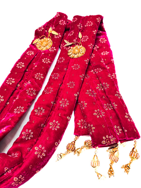 Hot Pink colour velvet based golden printed Dulha Sherwani dupatta with latkan