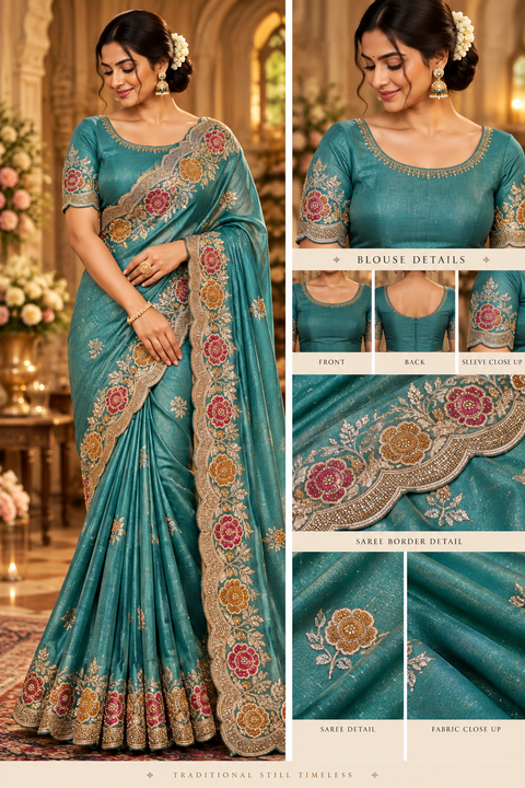 Lite Sea Blue Soft Silk Saree with a subtle shimmer, all-over delicate motifs and rich floral handwork on a scalloped border. Attached blouse piece included; model blouse is for reference only. Slight variation in colour and design is possible.