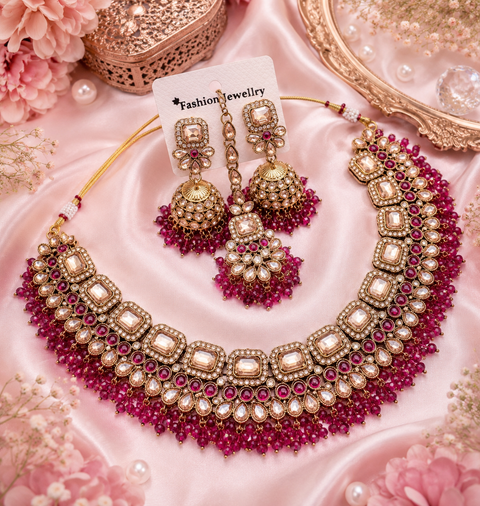 Polki stone with pearls beaded work beautiful necklace with jhumka and tikka set