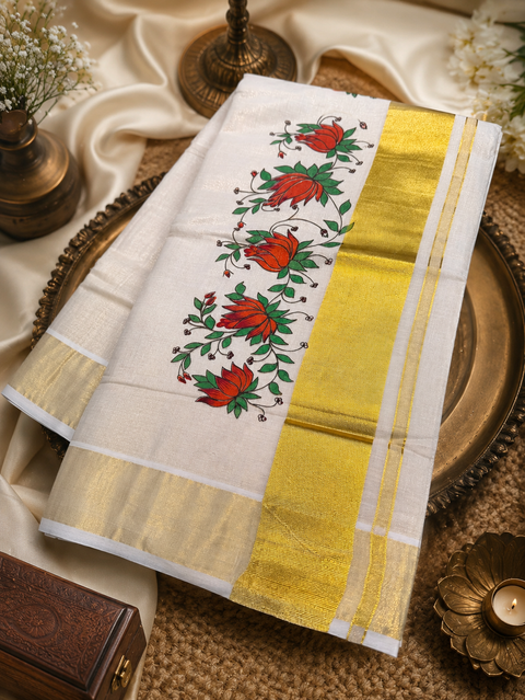 KERALA Gold Tissue SAREE WITH BEAUTIFUL FLORAL PRINT (slight variation in color & design is possible)