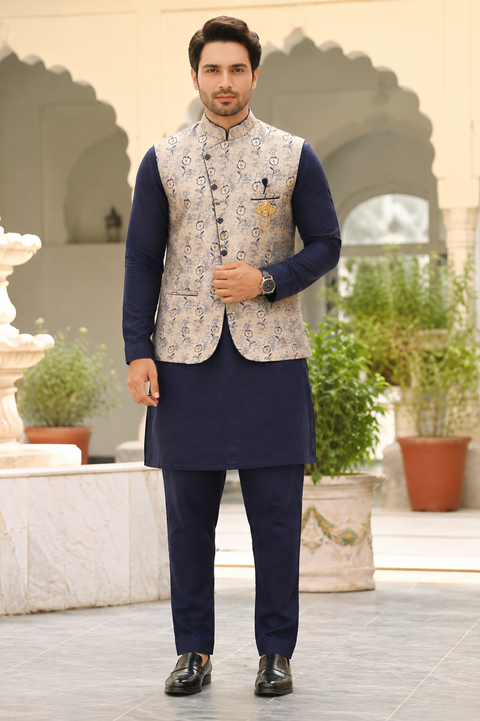 Elegant Navy Kurta Set with Floral Jacquard Nehru Jacket – Perfect for Weddings, Festive Celebrations & Special Occasions.
Please note: Slight variation in color and design may occur due to lighting and screen settings.