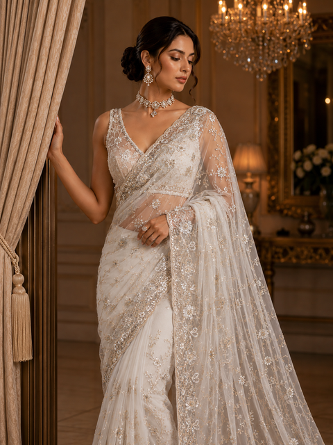 Heavy work designer Saree with netting base fabric and stones work design all over with heavy embroidery work.The Blouse Worn By The Model Is For Reference Purposes Only. The Actual Blouse Piece Comes Attached With Saree(Slight Variations Are Possible)