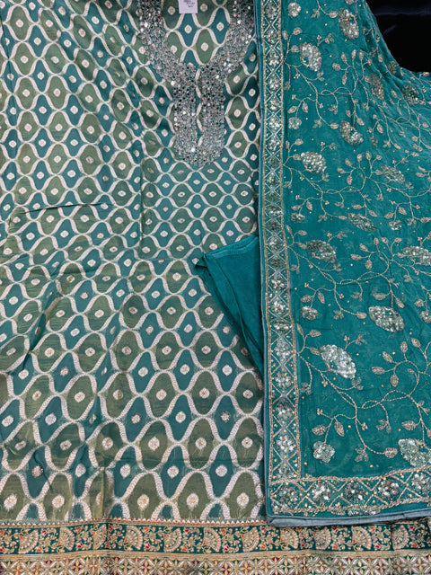 Mint color tissue silk based brocade zari work embroidery with handwork kameez with plain silk bottom fabric (2.75 mtrs) and chiffon silk heavy zari work dupatta