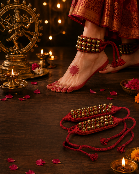 Ghungroo (30+30) Red Pad 3 Line Ghungroo Double String With Cushion Pads|Bell,Ghungru,Anklet Bell,Salangai,Chilanka|Paijania Kuchipudi,Bharatanatyam,Bharata Muni|Bharatnatyam Dance