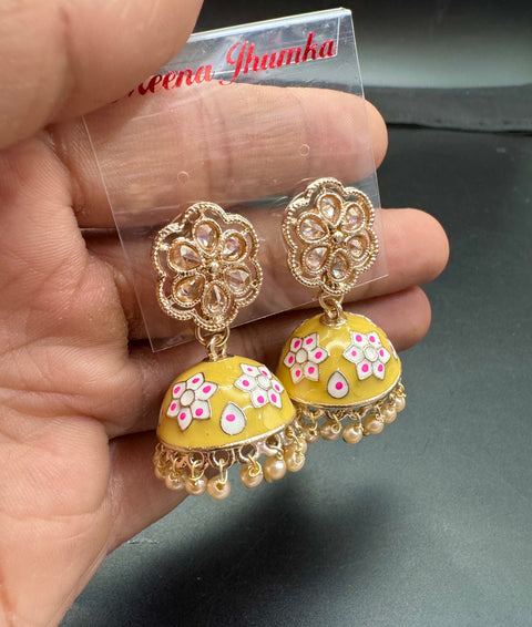 Small size Polki Stone With Pearls Work Beautiful Meenakari Jhumka