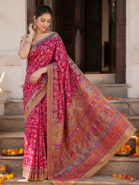 Kashmiri Kalamkari Inspired Soft Silk Saree with vibrant multicolour weaving and an elegant contrast pallu for a rich, timeless look.Blouse piece attached. Model image for reference only. Slight variation in colour and design may occur.