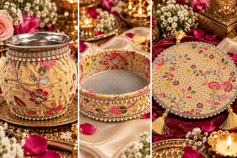 Beautiful embroidered Karwa Chauth Thali Set with floral work, pearl detailing and golden tassels, including matching thali, channi and kalash. Slight variation in colour and design is possible.