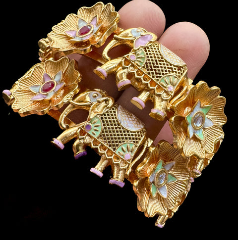 (Not original Gold )Meenakari work with elephant design original Kundan stone beautiful design Designer Kade (Openable , Screw Designed)pair