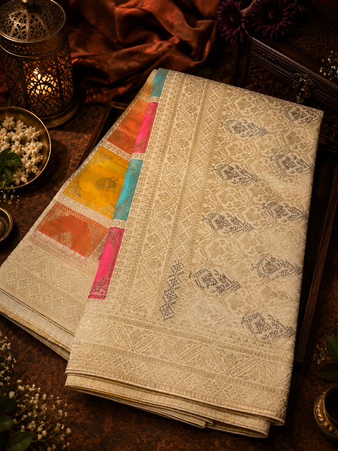 Elephant design Soft Banarasi Silk brocade saree with stone work and tessels attach on Pallu Model-Worn Blouse Is For Reference Only. Unstitched Blouse Piece Is Attached With Saree(Slight Variation In Color & Design Is Possible)