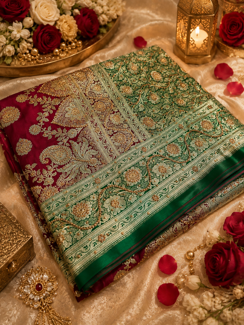 Luxurious Banarasi Silk Saree with rich zari weaving and elegant stone work on the pallu. Comes with an attached blouse piece. Model image is for reference only; slight variation in color and design may occur.