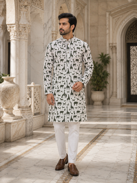 Pure Cotton Based Men’s Printed Kurti (Sizes Mentioned In Inches ,Not According To The Label On Kurti) Size 44 Kurti- Length 40 Inches And Size 46-Length 42 Inches ) Kurti only. Pants not included.