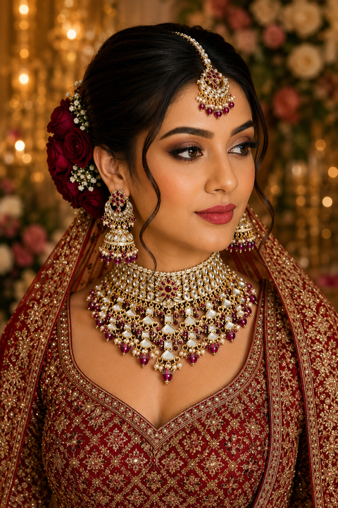Kundan with pearls work beautiful heavy work Choker necklace with designer Jhumka Earrings and Tikka (slight variation in color and design is possible)
