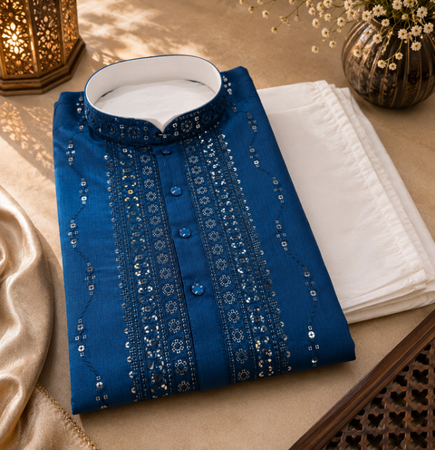 Soft Malmal Based Beautiful Embroidery Work With Sequins Work Designer Kurta With white Pajama (slight variation in color and design is possible)