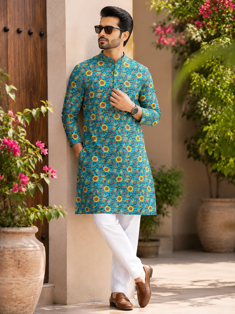 Pure cotton based Men’s Printed kurti (sizes mentioned in inches ,not according to the label on Kurti)size 46 kurti- Length 40 inches and size 48 -length 42 inches ) Kurti only. Pants not included.