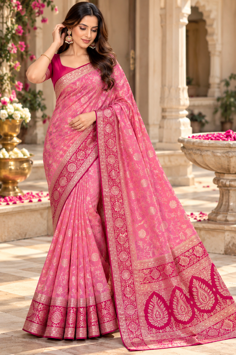 Dola Silk Saree with elegant all-over floral zari weaving and a rich contrasting woven border with detailed pallu. Soft, graceful drape with a luxurious festive look. Contrast blouse piece included.Slight variation in colour and design is possible.