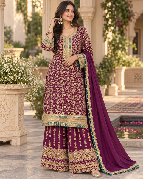 Elegant Chanderi Silk suit featuring all-over heavy embroidery and mirror work with a beautifully detailed neckline. Paired with a heavily embroidered palazzo and a gorgeous matching dupatta .Slight variation may ofcolour & design is possible