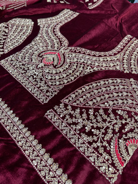 (Video Clip attached)Velvet based hand work with stones work two toned design Heavy Ken ken Bridal designer lehnga with heavy handwork blouse and two Dupatta , with netting and with velvet and heavy latkans