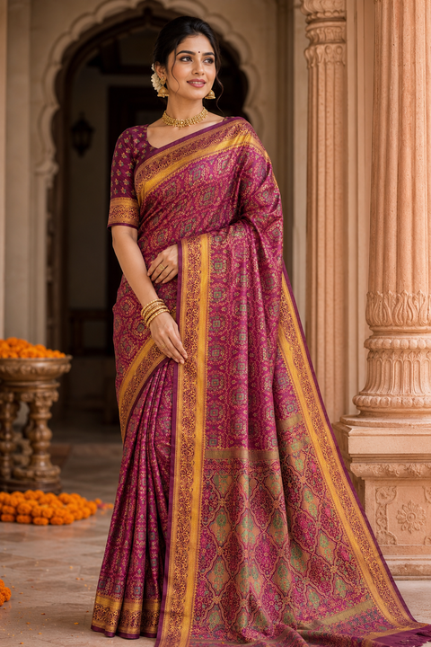 Elegant Soft Silk Blend Saree featuring intricate all-over woven motifs and a rich zari border. The lightweight fabric offers a graceful fall and comfortable drape, Blouse piece is attached with the saree. Slight variation in color and design may occur.