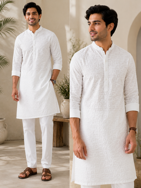 White colour cotton  based chikankari work kurta with white pajama(slight variation in color and design is possible)