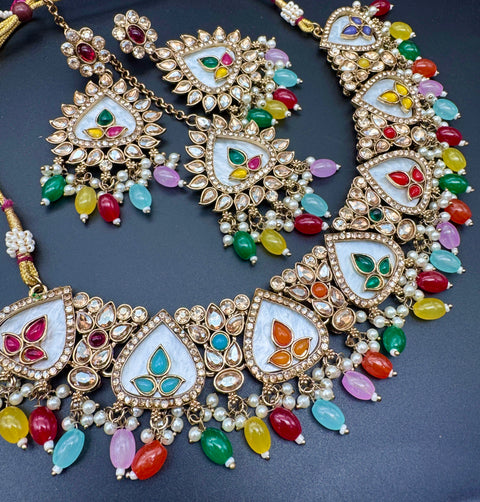 Original Polki stone with pearls beaded work beautiful necklace with earrings and tikka set