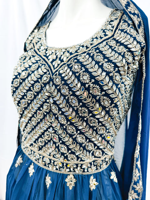 Georgette based original Mirror work with embroidery work Nayra cut kameez with plazo & dupatta