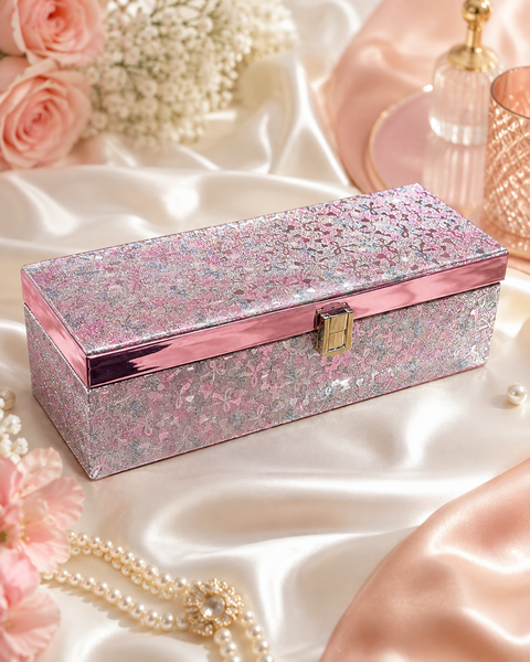 Beautiful shimmering pink bangle box with a glittery floral finish, metallic detailing, and a soft red velvet interior. Perfect for keeping your bangles organised, safe, and beautifully displayed.