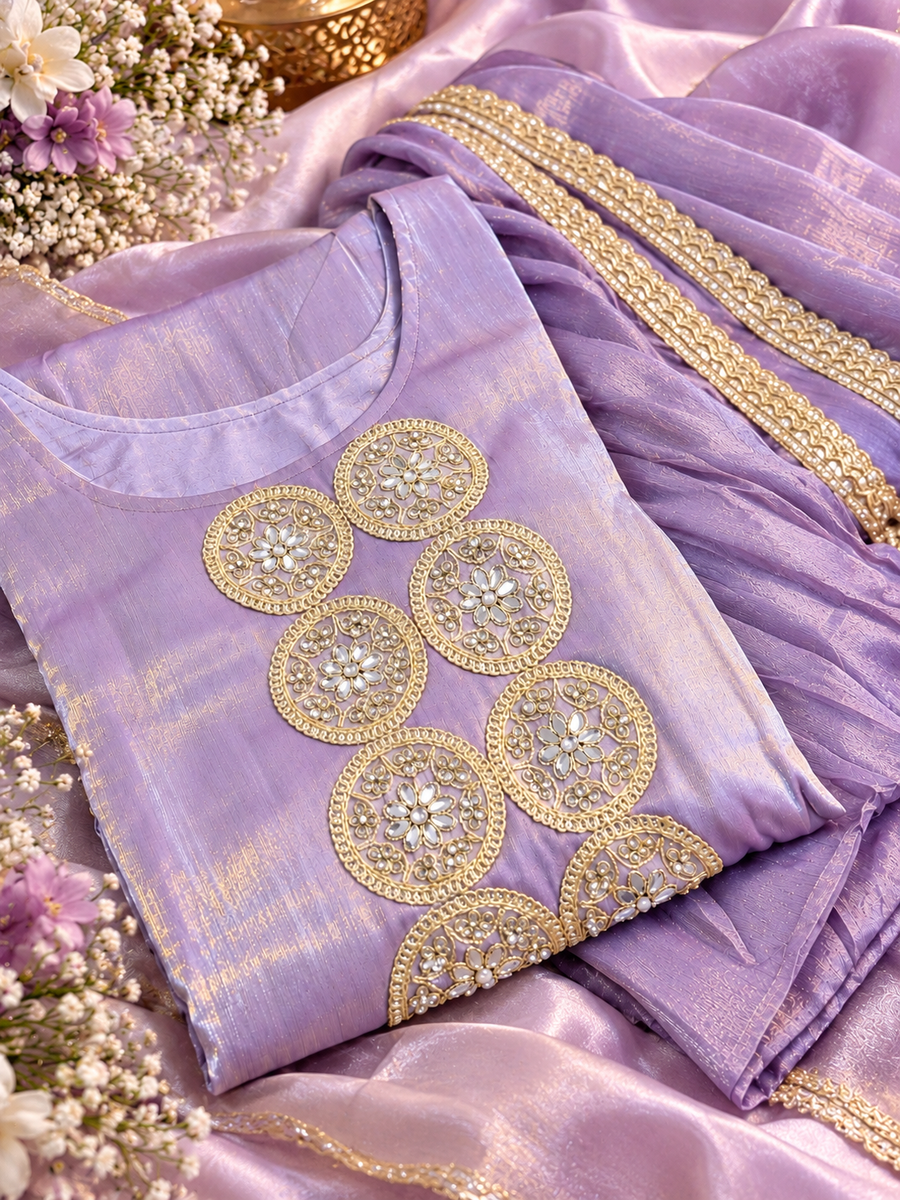 Lavender color fendy silk, luxurious fabric with a subtle shine. Featu ...