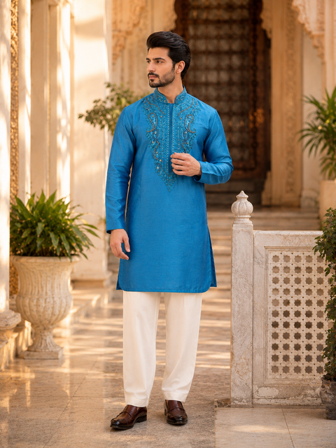 Raw silk based embroidery neck design kurta with pajama pants (slight variation in color and design is possible