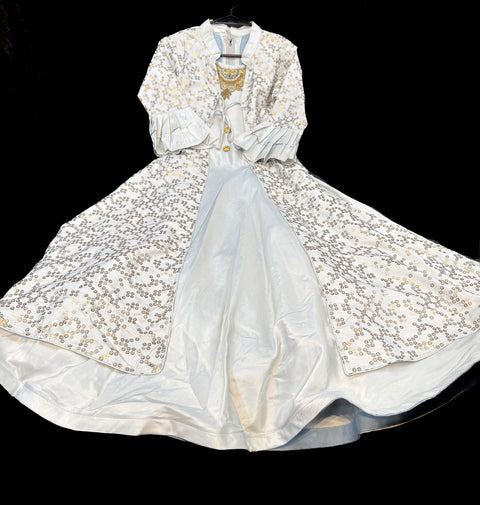 Grey colour silk based jacket style stone work beautiful gown