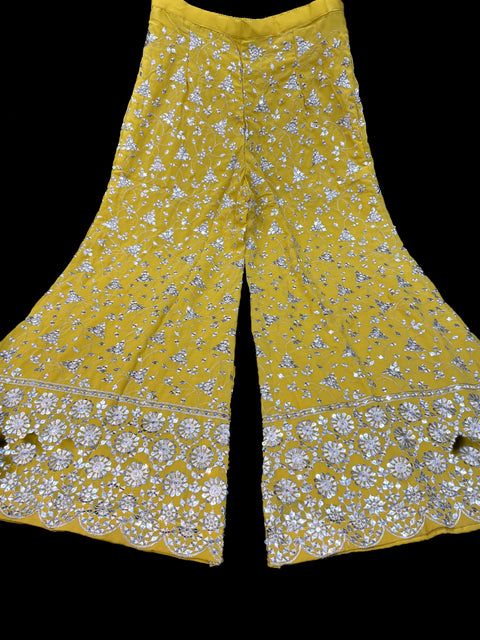 (Video clip attached) Yellow color Georgette based sequined and embroidery work kameez with sharara pants and Georgette dupatta